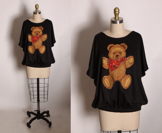 1970s Black, Brown and Red Short Sleeved Elastic Waist Draped Western Bandana Teddy Bear Blouse -1XL