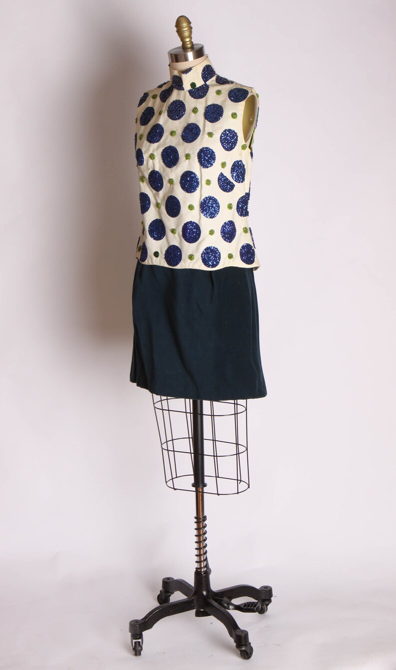 1960s White Blue and Green Oversized Polka Dot Sequin Blouse and Velvet Mini Skirt Suit Outfit XS image 4