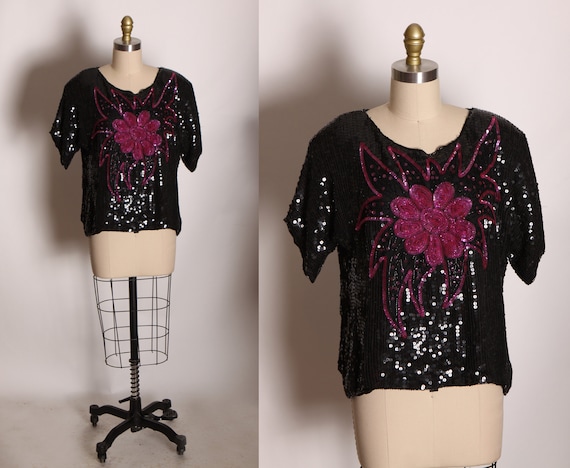 1980s Black and Dark Pink Floral Flower Sequin Short Sleeve Blouse by J.L.B. -M