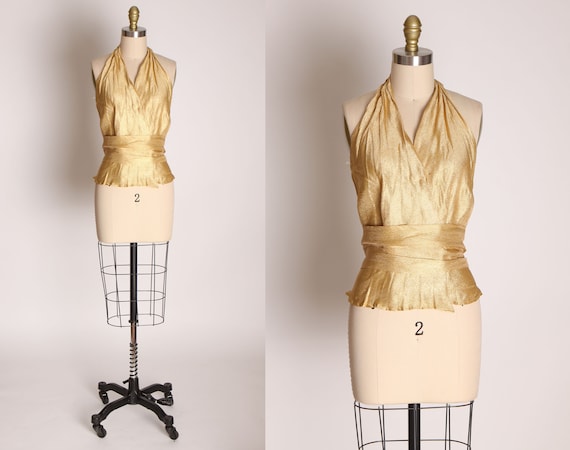 1940s 1950s Gold Lame Halter Top Shirt Blouse -M