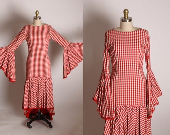 Early 1960s Red White Gingham Long Angel Sleeve Ankle Length Flamenco Style Spanish Cottagecore Prairie Dress by Tachi Castillo -XS