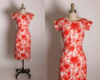jaren 1950 koraal rood oranje roze en wit abstracte korte mouw strik detail terug wiggle jurk-XS
