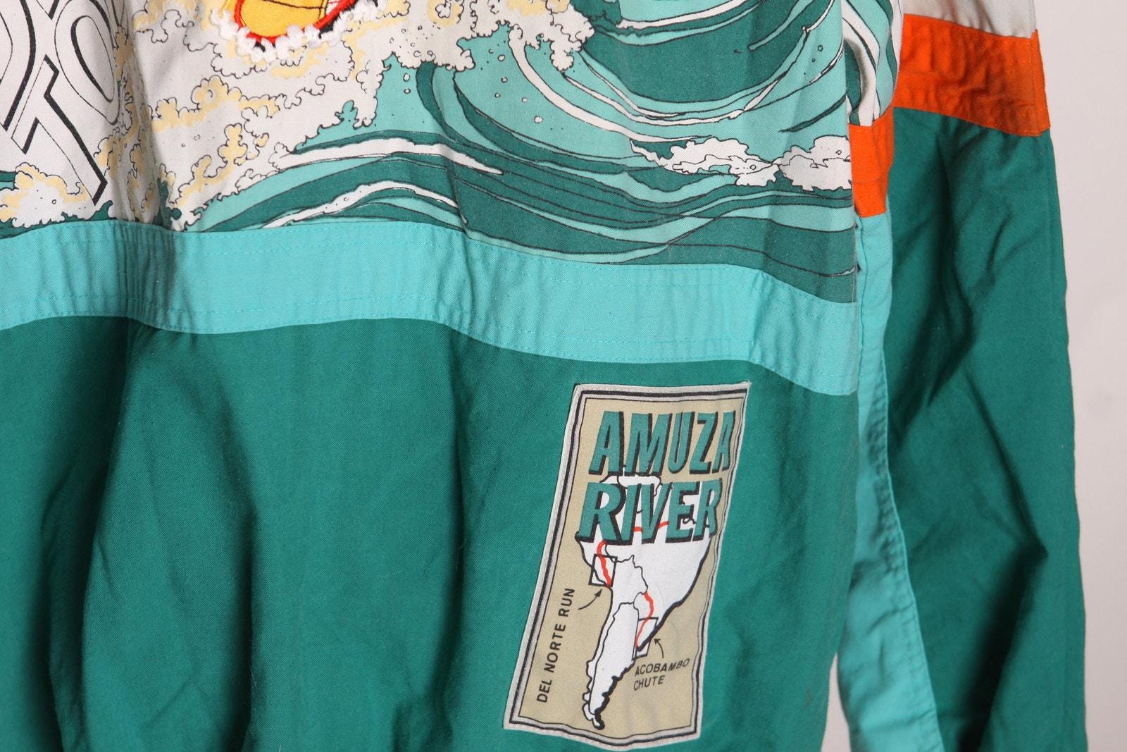 1980s Teal Blue Green, Tan and Orange Long Sleeve Novelty Wave