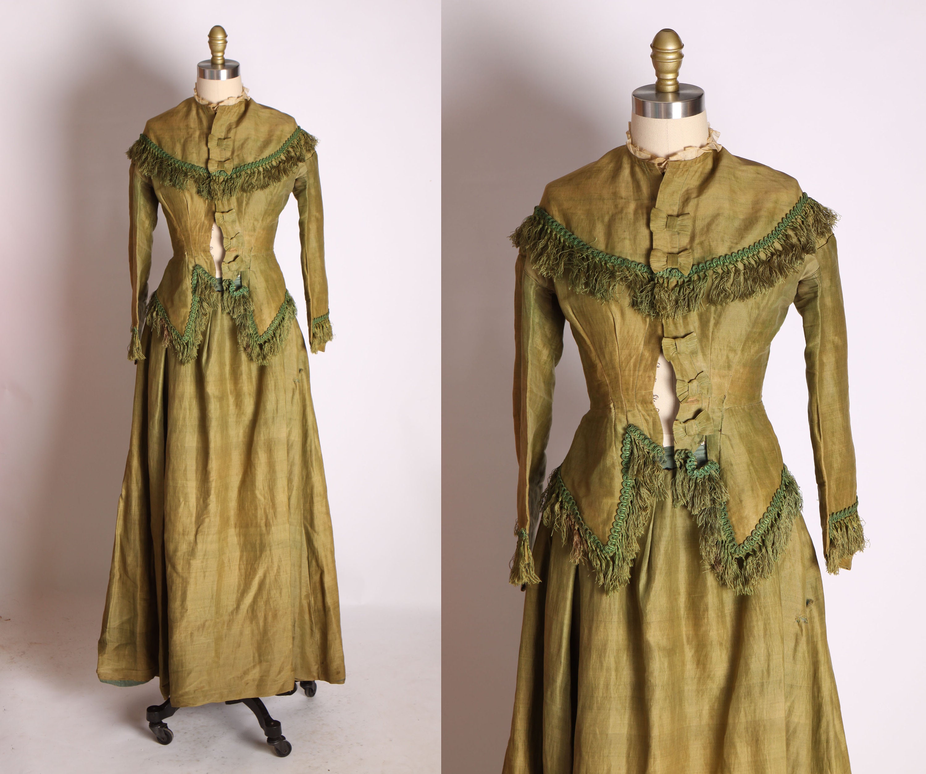 Antique 1800s 1890s Green Silk Two Piece Fringe Bustle Walking Dress -XS