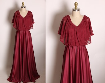 1970s Burgundy Full Length Lace Overlay Bodice Draped Sleeve Formal Dress -M