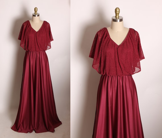 1970s Burgundy Full Length Lace Overlay Bodice Draped Sleeve Formal Dress -M