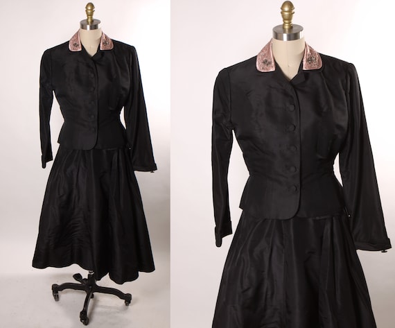 Early 1950s Black Wrap Look Hip Sash Long Sleeve Formal Dress with Matching Long Sleeve Pink Rhinestone and Beaded Collar Two Piece Outfit