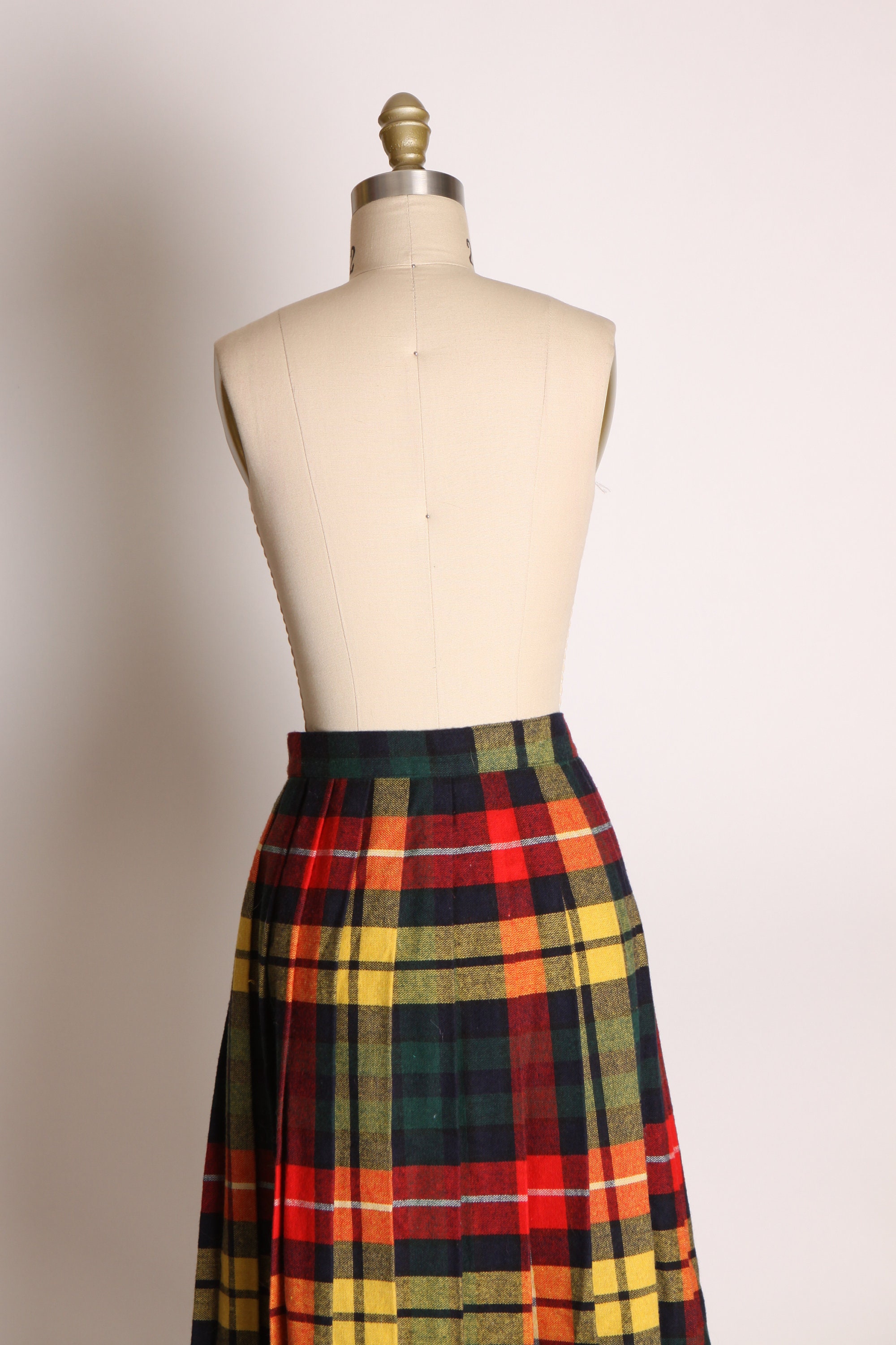 1960s Green, Red, Yellow and Black Plaid Pleated Skirt -S