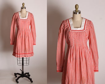 Late 1960s Early 1970s Red and White Gingham Prairie Cottagecore Square Neck Ruffle Hem Mini Dress -S