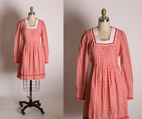 Late 1960s Early 1970s Red and White Gingham Prairie Cottagecore Square Neck Ruffle Hem Mini Dress -S