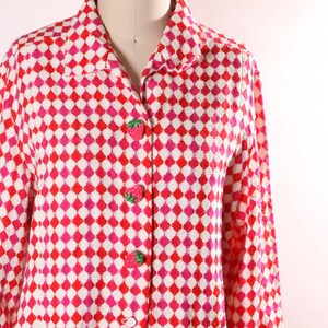 Late 1960s Early 1970s Pink, Red and White Harlequin Square Print Long Sleeve Strawberry Button Covers Blouse L image 6