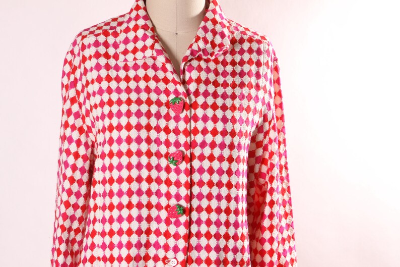 Late 1960s Early 1970s Pink, Red and White Harlequin Square Print Long Sleeve Strawberry Button Covers Blouse L image 6