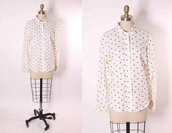 1970s White, Red and Green Long Sleeve Button Down Novelty Strawberry Print Blouse by Present Tense -L