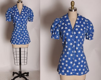 1970s Blue and White America Short Sleeve Novelty Stars Print Sailor Style Blouse -S