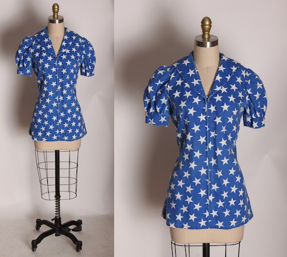 1970s Blue and White America Short Sleeve Novelty Stars Print Sailor Style Blouse -S