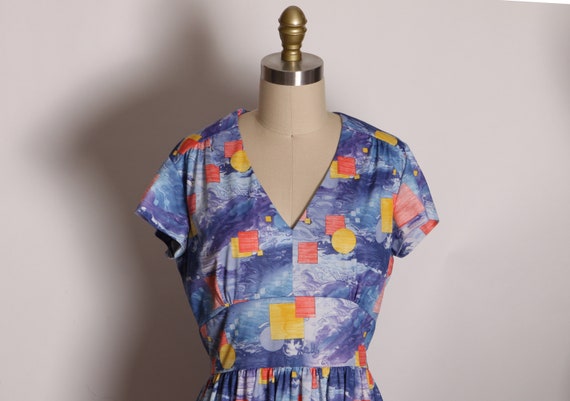 1970s Blue Novelty Wave Sea Geometric Print Short… - image 3