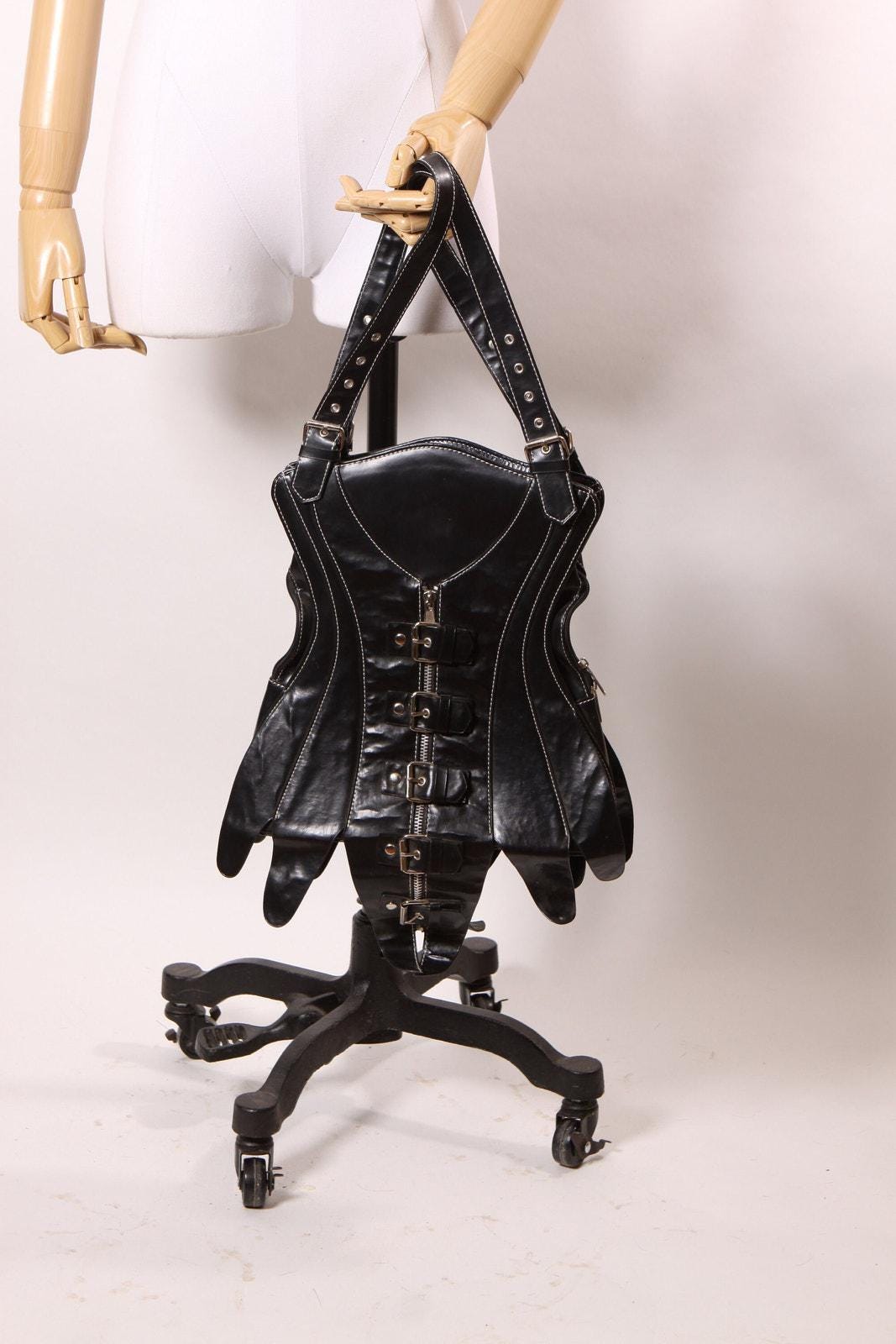 Early 2000s Y2K Black Vinyl Corset Lace up Buckle Purse by Demonia