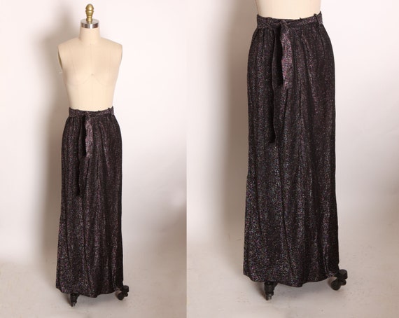 1960s 1970s Black and Rainbow Metallic Lurex Ankle Length Belted Skirt -S-M