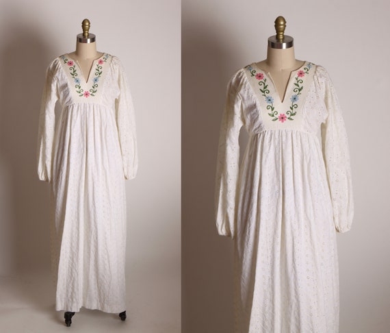 1960s White Green, Blue and Pink Floral Embroidery Long Sleeve Caftan Cottagecore Boho Prairie Empire Waist Dress by Just for House of Nine