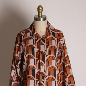 1970s Brown, Orange and Tan Mod Retro Long Sleeve Button Up Blouse L image 3