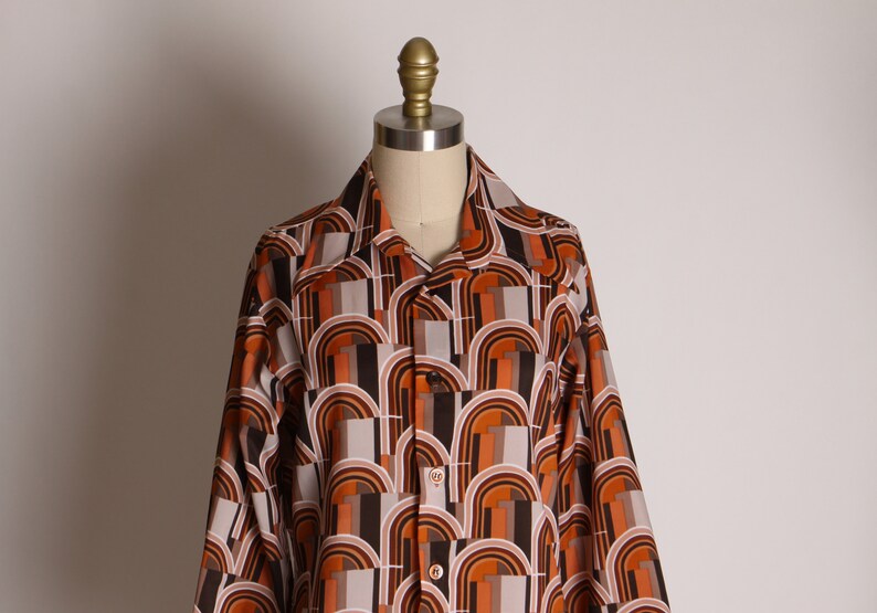 1970s Brown, Orange and Tan Mod Retro Long Sleeve Button Up Blouse L image 3