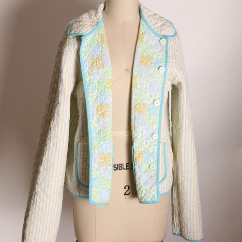 1980s 1990s Green, Yellow and White Floral shops and Striped Long Sleeve Button Up Pocketed Quilted Reversible Jacket -L