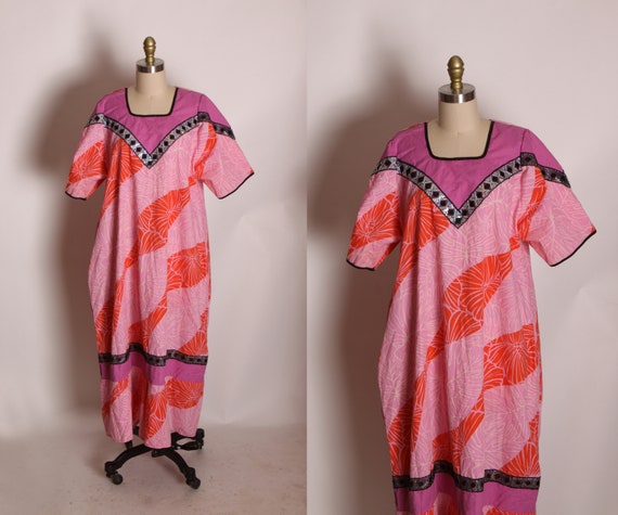 1980s Pink and Purple Silver Sequin Trim Short Sleeve Hawaiian Muu Muu Dress -2XL