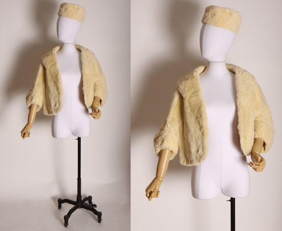 1960s Cream Yellow White Kangaroo Cropped Shawl Wrap Jacket with Matching Pillbox Hat by Cornelius -S