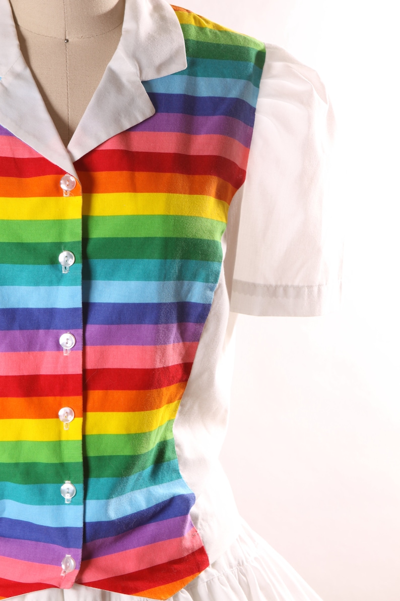1980s White and Rainbow Print Short Sleeve Button Up Blouse with Matching Square Dance Skirt Two Piece Outfit L image 3