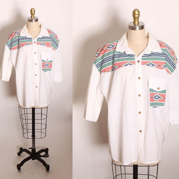 1980s White, Pink and Teal Southwestern Print Half Sleeve Button Up Western Cowgirl Shirt Blouse by Act III Plus -2XL