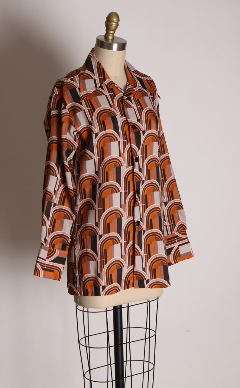 1970s Brown, Orange and Tan Mod Retro Long Sleeve Button Up Blouse L image 5