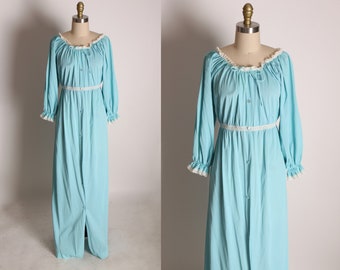 Late 1960s Turquoise Blue & White Lace Trim 3/4 Length Sleeve Full Length Button Up Night Gown Robe by Texsheen -M