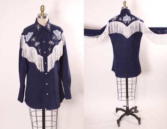 1970s 1980s Dark Navy Blue and Light Blue Long Sleeved Pearl Snap White Fringe Western Mens Shirt by Tony Alamo of Nashville -M