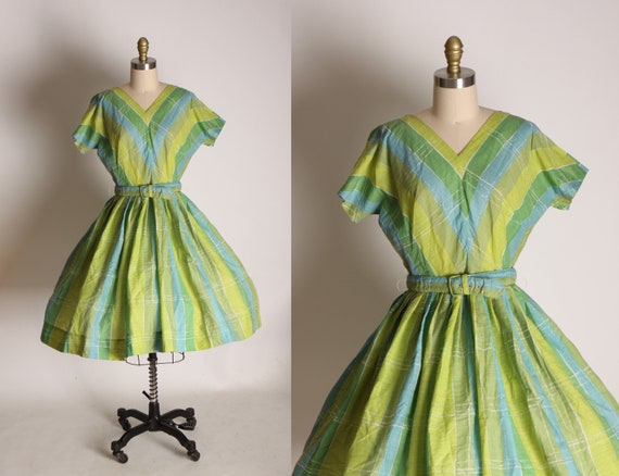 1950s Green, Blue and White Short Sleeve Belted Fi