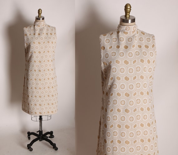 1960s Beige Tan Double Knit Polyester Sleeveless Geometric Print Shift Dress