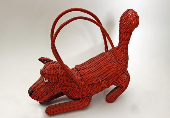 1950s Novelty Red Wicker Dog Top Handle Purse