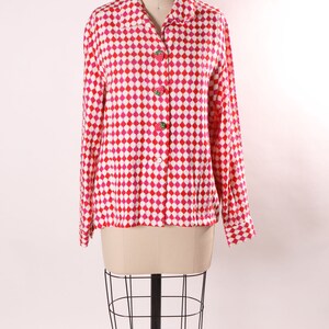 Late 1960s Early 1970s Pink, Red and White Harlequin Square Print Long Sleeve Strawberry Button Covers Blouse L image 3