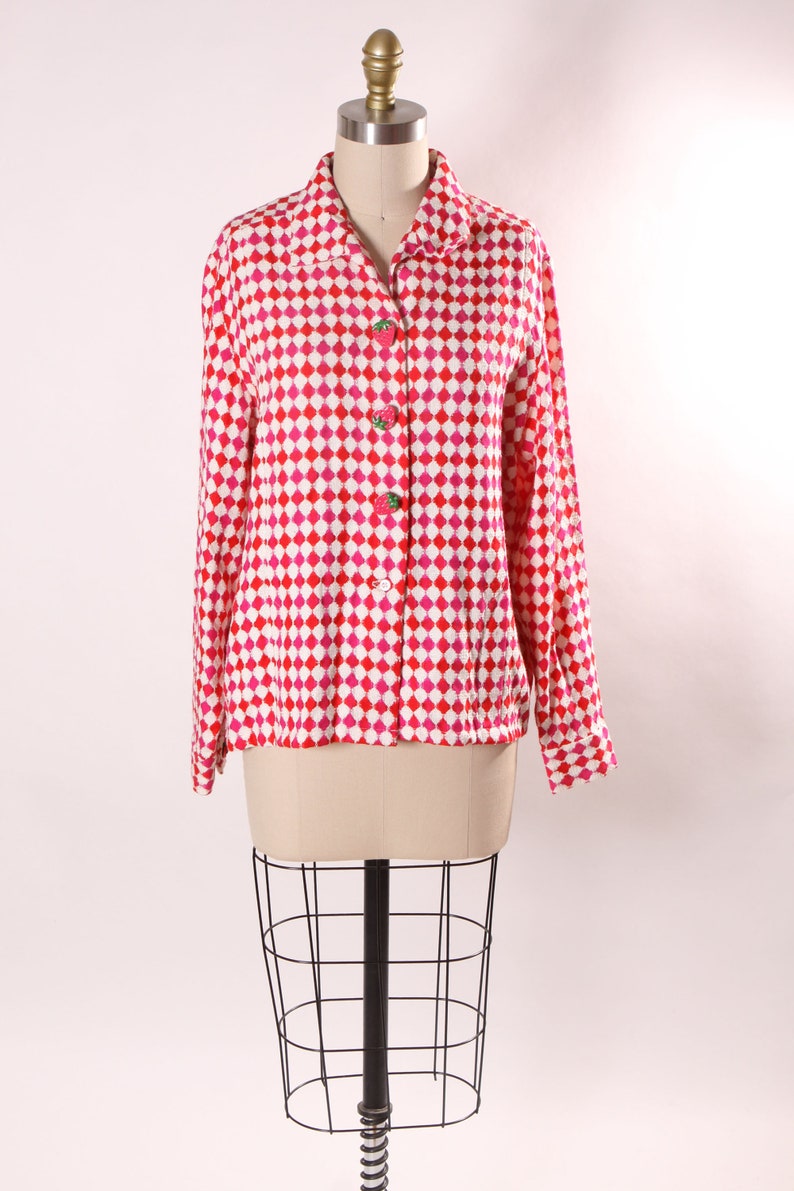Late 1960s Early 1970s Pink, Red and White Harlequin Square Print Long Sleeve Strawberry Button Covers Blouse L image 3