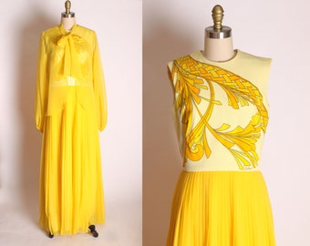 1960s 1970s Yellow Polyester and Chiffon Accordion Pleated Full Length Sleeveless Dress with Matching Sheer Chiffon Jacket by Alfred Shaheen