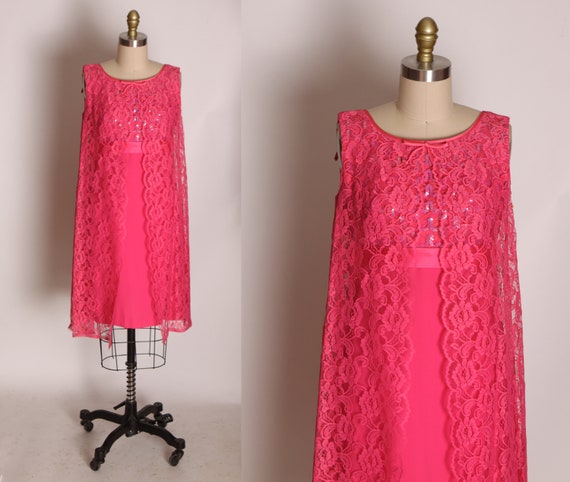 1960s Pink Sleeveless Sequin Bodice Lace Open Fro… - image 1