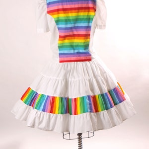 1980s White and Rainbow Print Short Sleeve Button Up Blouse with Matching Square Dance Skirt Two Piece Outfit L image 9