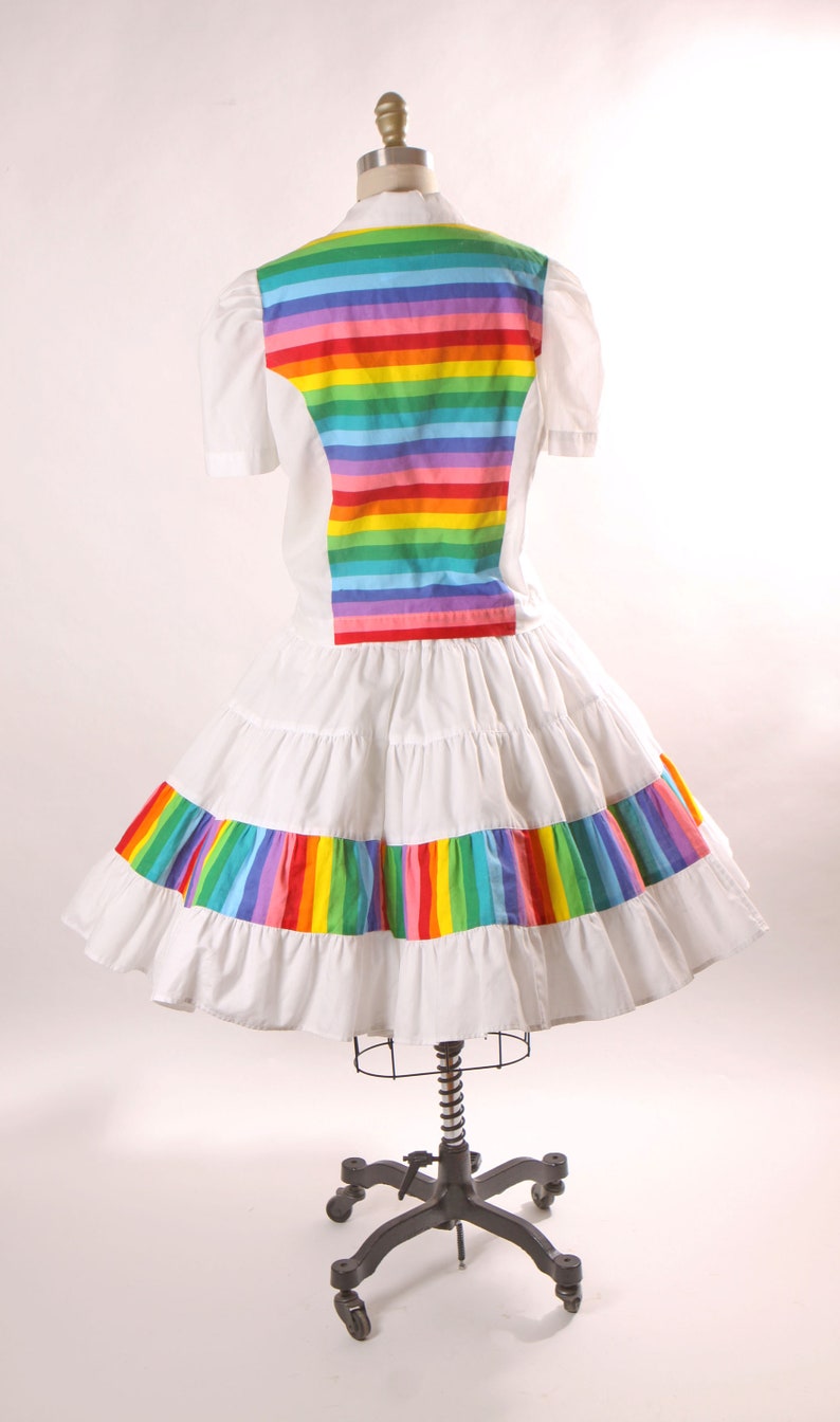 1980s White and Rainbow Print Short Sleeve Button Up Blouse with Matching Square Dance Skirt Two Piece Outfit L image 9