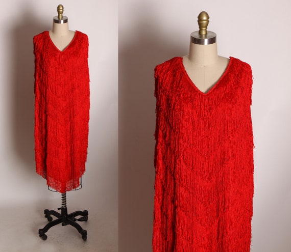 1980s Red Fringe Sleeveless Sheath Flapper Style Shimmy and Shake Dress by Nightworks -2XL