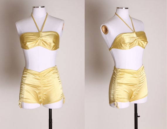 1940s Yellow Satin Stretch High Waisted Two Piece