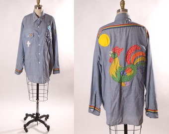 1970s Denim Chambray Long Sleeve Rainbow Striped Trim Embroidered Novelty Rooster Mens Button Down Shirt by JCPenney Big Mac -XL