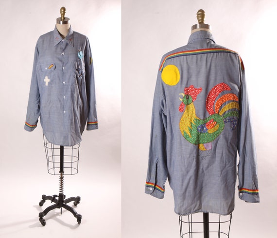 1970s Denim Chambray Long Sleeve Rainbow Striped Trim Embroidered Novelty Rooster Mens Button Down Shirt by JCPenney Big Mac -XL