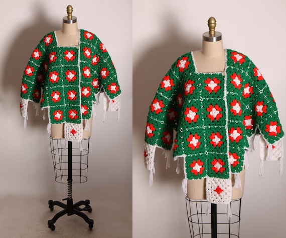 1970s Hand Knit Red, Green and White Christmas Crochet Shawl Poncho Wrap