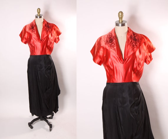 1940s Red Satin and Black Short Sleeve Floral Rose Beaded Draped Hip Dress by Rembrandt -M