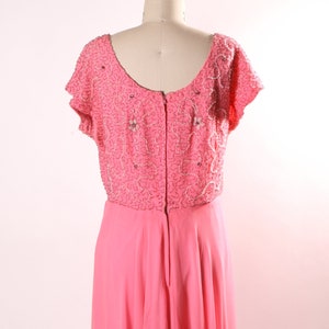 1960s Pink Short Sleeve Swirl Floral Beaded Chiffon Overlay Plus Size Volup Dress L image 10