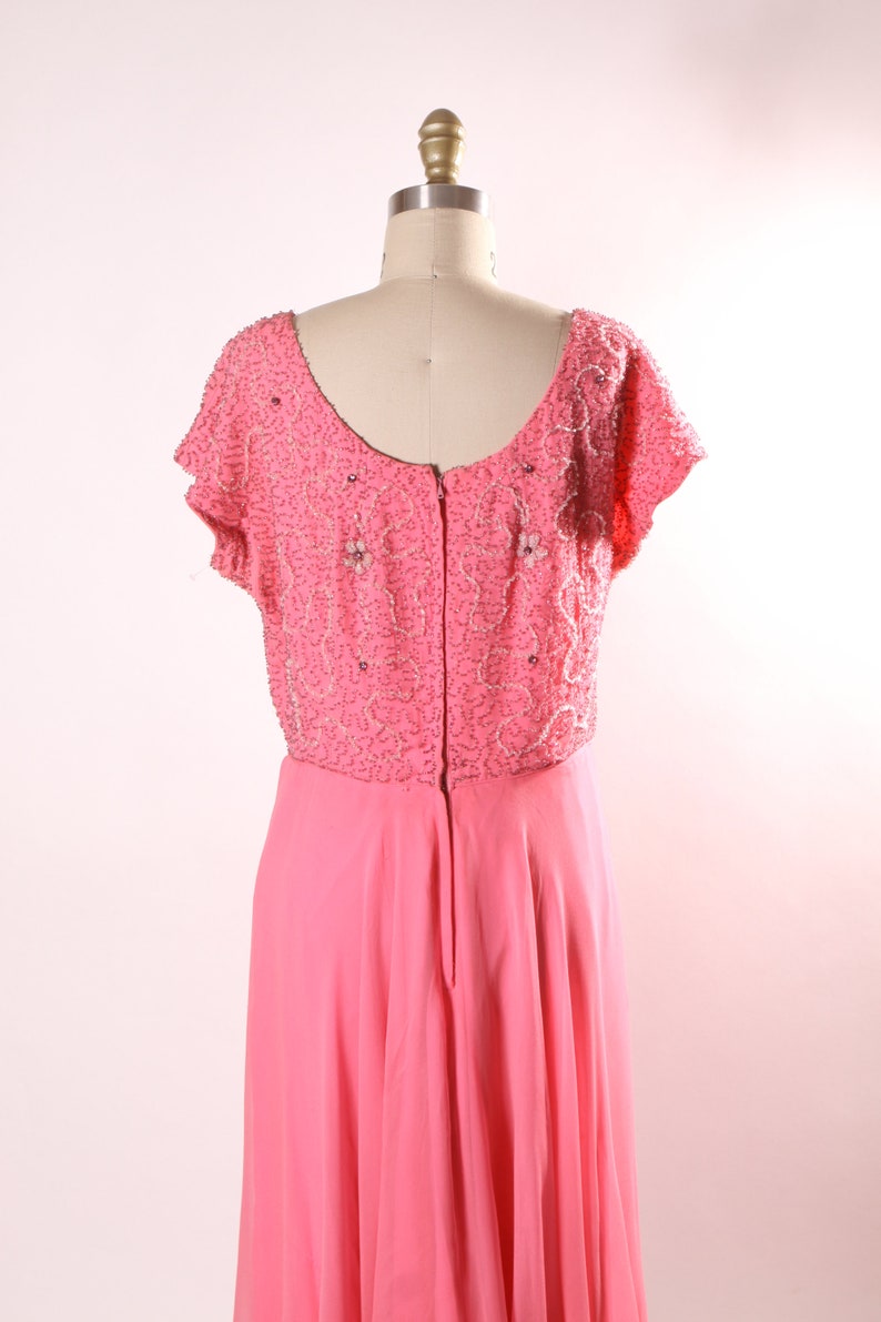 1960s Pink Short Sleeve Swirl Floral Beaded Chiffon Overlay Plus Size Volup Dress L image 10